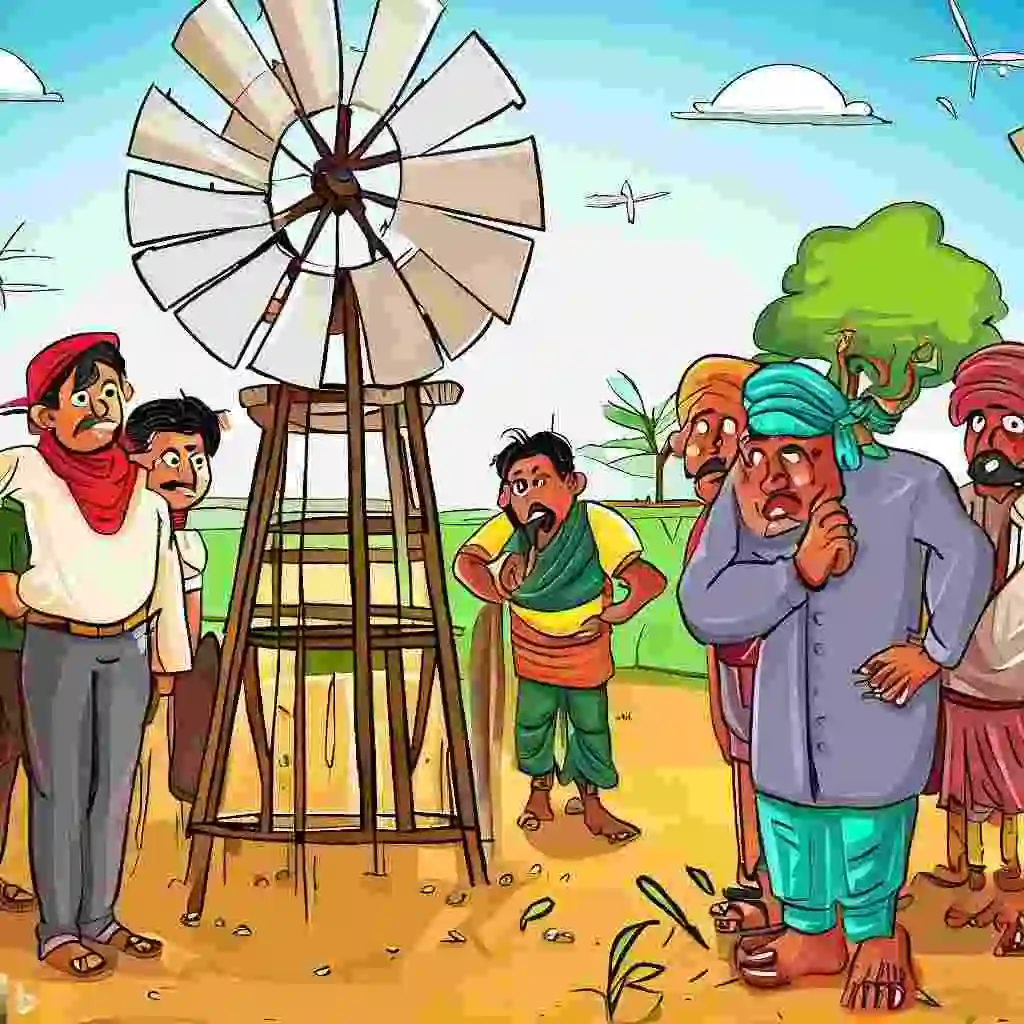 Village Farmers Looking Surprisingly At Windmill